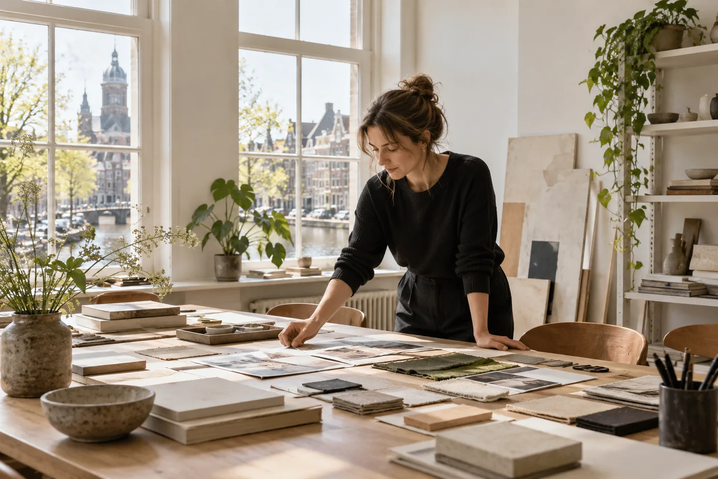 Ontwerper vergelijkt papier en beeldmateriaal