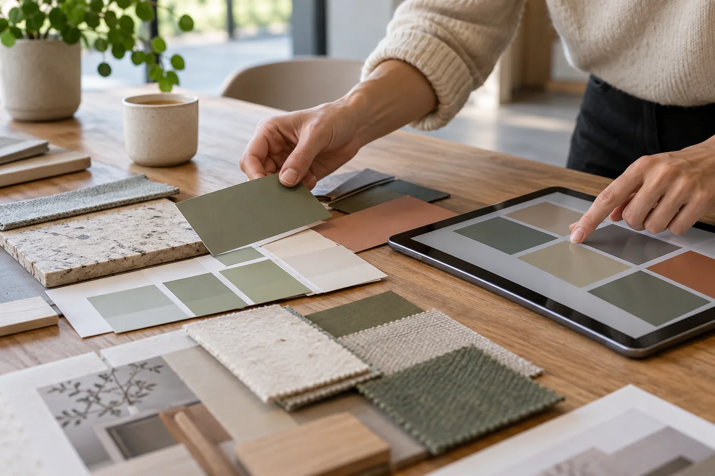 Kleurstalen en tablet op een werktafel